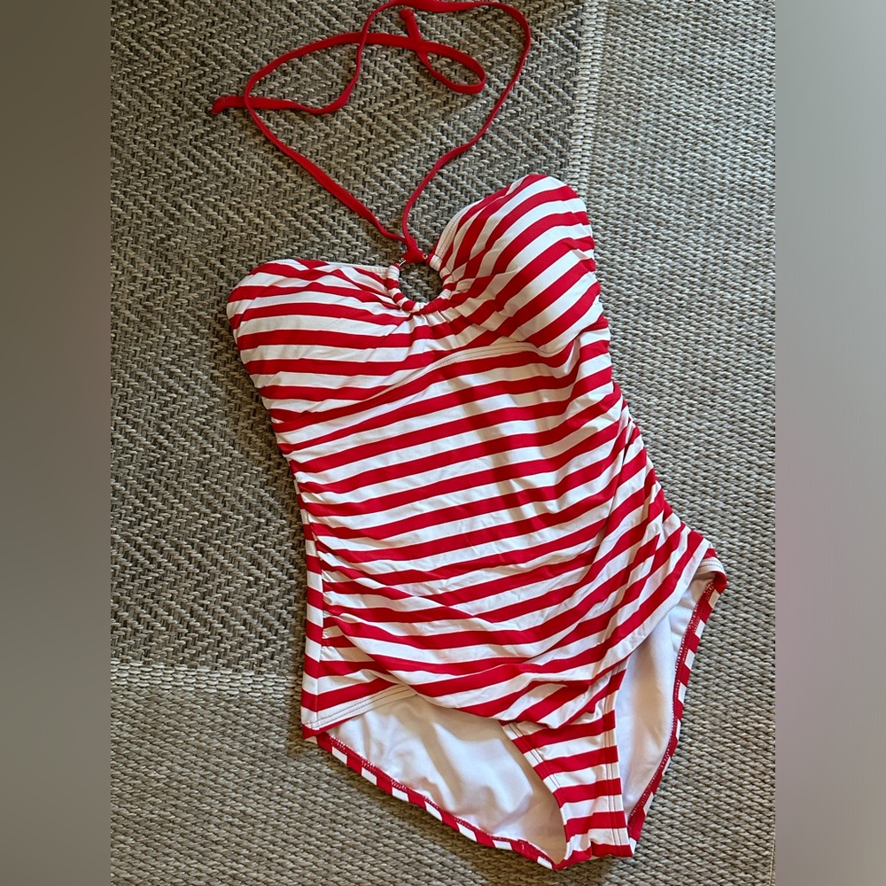 Michael Kors Red and White Striped One-Piece Swimsuit